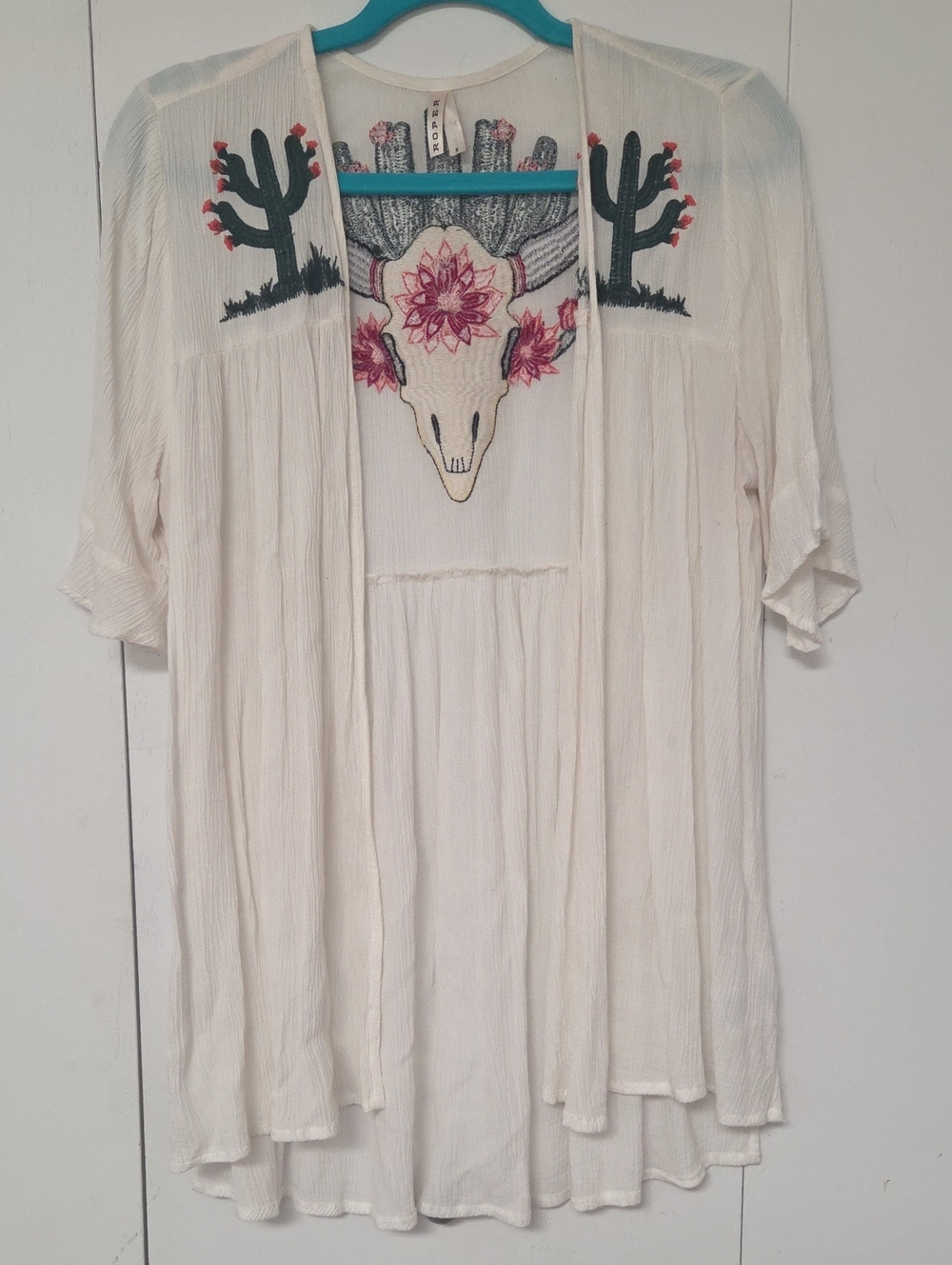 Roper White Open-Front Tunic with Pink & Green Embroidery